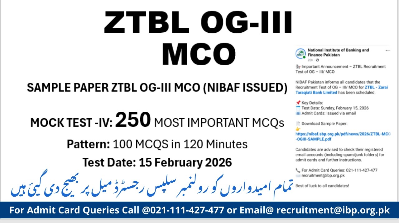 ZTBL OG-III MCO Sample Paper Issued by NIBAF| Mock Test 4 | Admit Card Solution |
