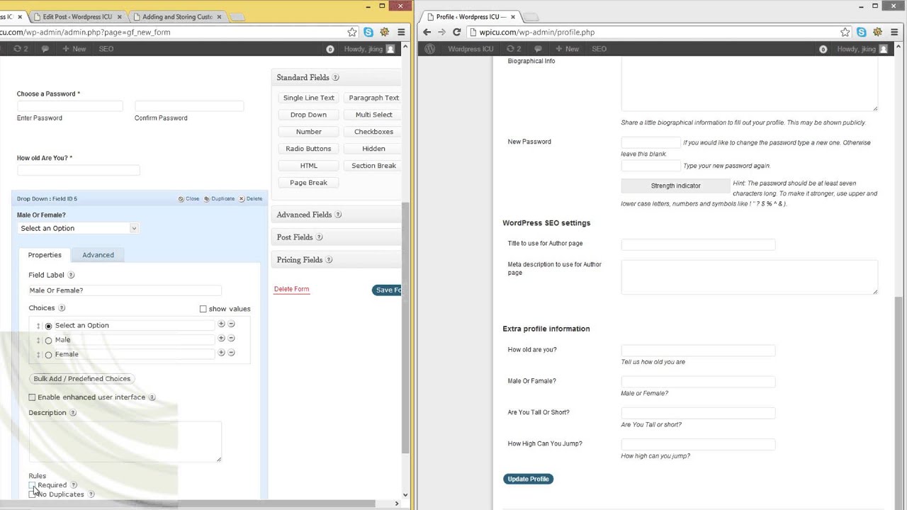 How To create custom user profile fiends and to populate them with gravity forms