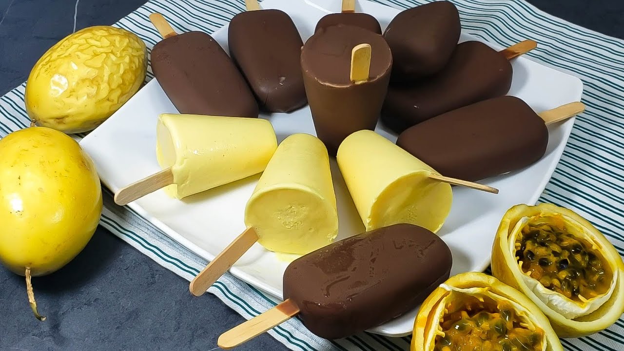 😋Helados CREMOSOS de MARACUYA con Cobertura de CHOCOLATE / paletas de maracuyá cubierta de chocolate
