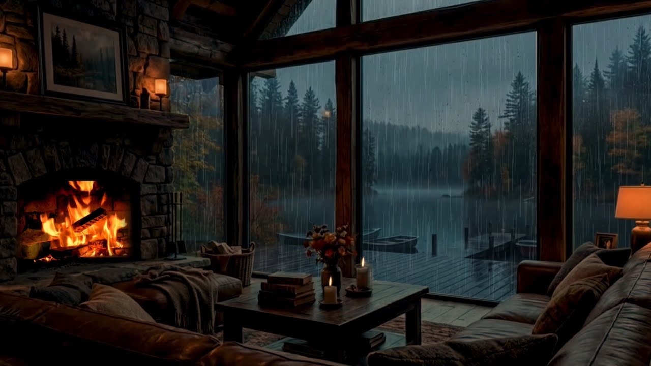 1 HOUR Cozy Rainy Cabin With Fireplace 🌧️🔥 | Relaxing Rain & Lake Ambience