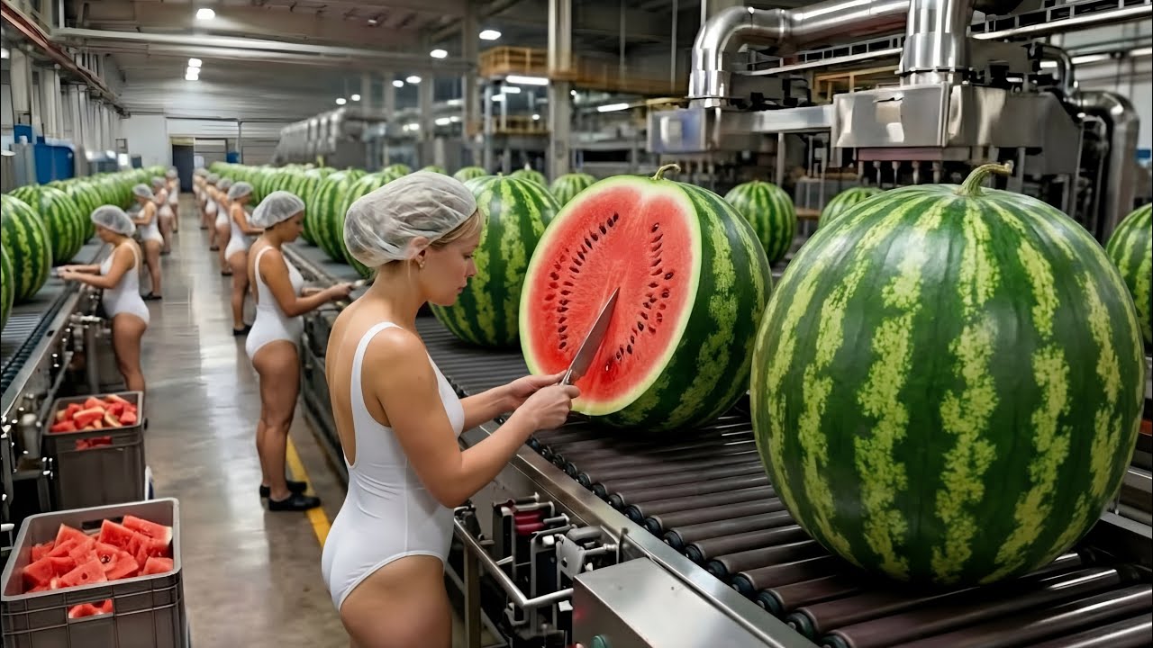 Inside a Modern Watermelon Processing Plant: From Whole Melons to Sweet Red Juice (Full Process)