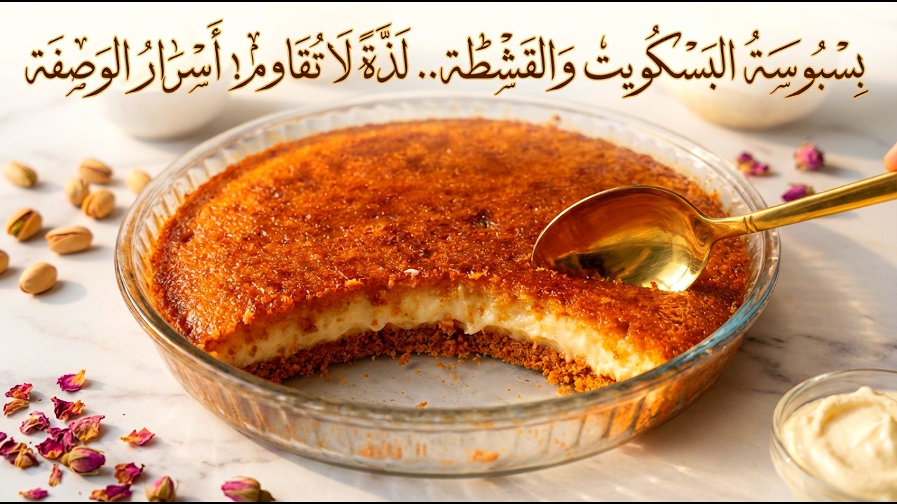 أسهل وألذ بسبوسة بالبسكويت والقشطة تذوب بالفم! حلى قهوة فخم وسريع 🍮✨