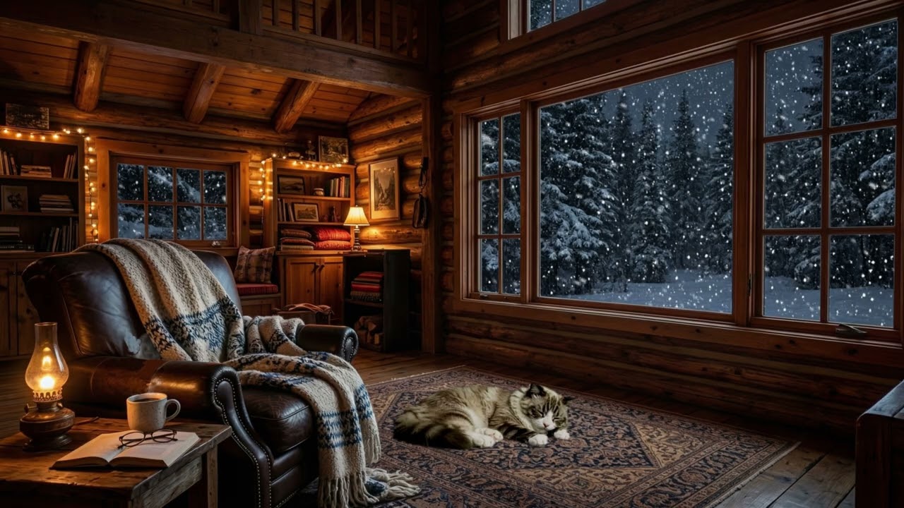 ❄️ Cozy Snowy Cabin Night 🎷 Relaxing Jazz Music, Falling Snow & Warm Cabin Ambience