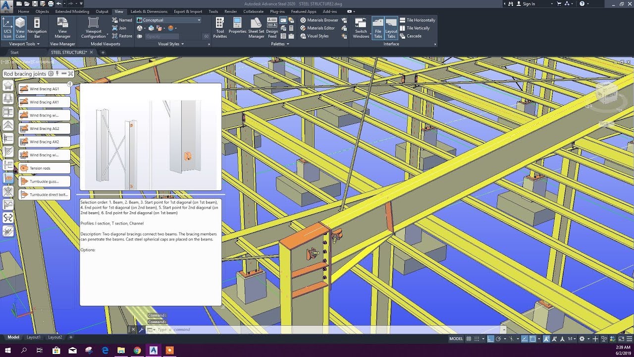 ADVANCE STEEL | MODELING STEEL STRUCTURE | Part-2 | WIND BRACING | ROD BRACING | PEDESTAL | FOOTING