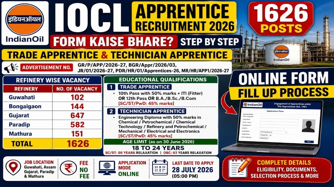 IOCL Apprentice Recruitment 2026 | Form Kaise Bhare? | Trade & Technician Apprentice | 1626 Posts