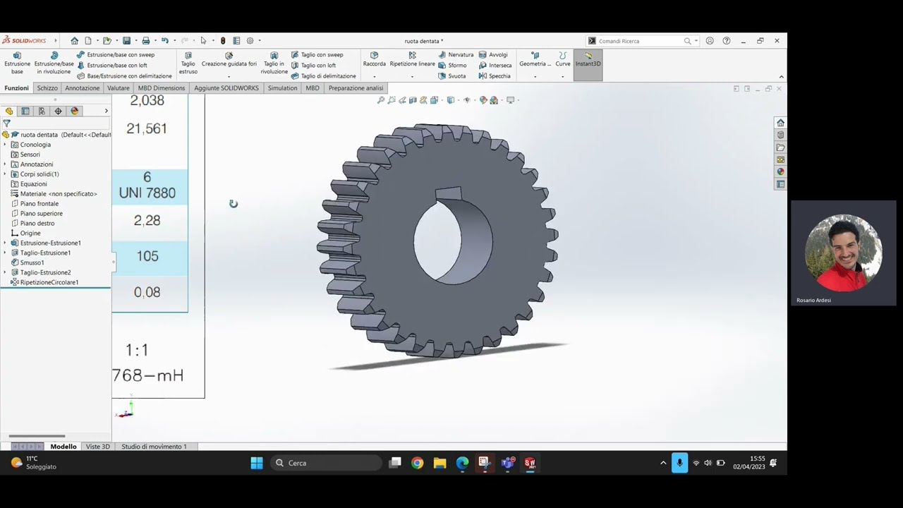 Solidworks modellazione di una ruota dentata cilindrica a denti dritti  Metodo geometrico