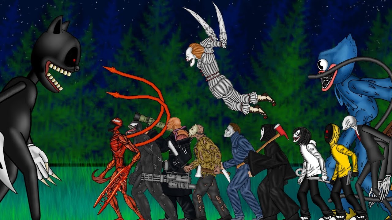 Cartoon Cat Vs Jason, Michael Myers,Ghost Face,Jeff,Slenderman,Hoodie,It,Venom,Carnage,Némesis,.....