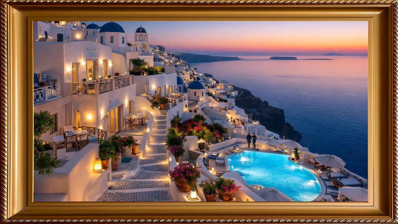 Romantic Santorini Sunset Village 4K Art for TV (No Sound)