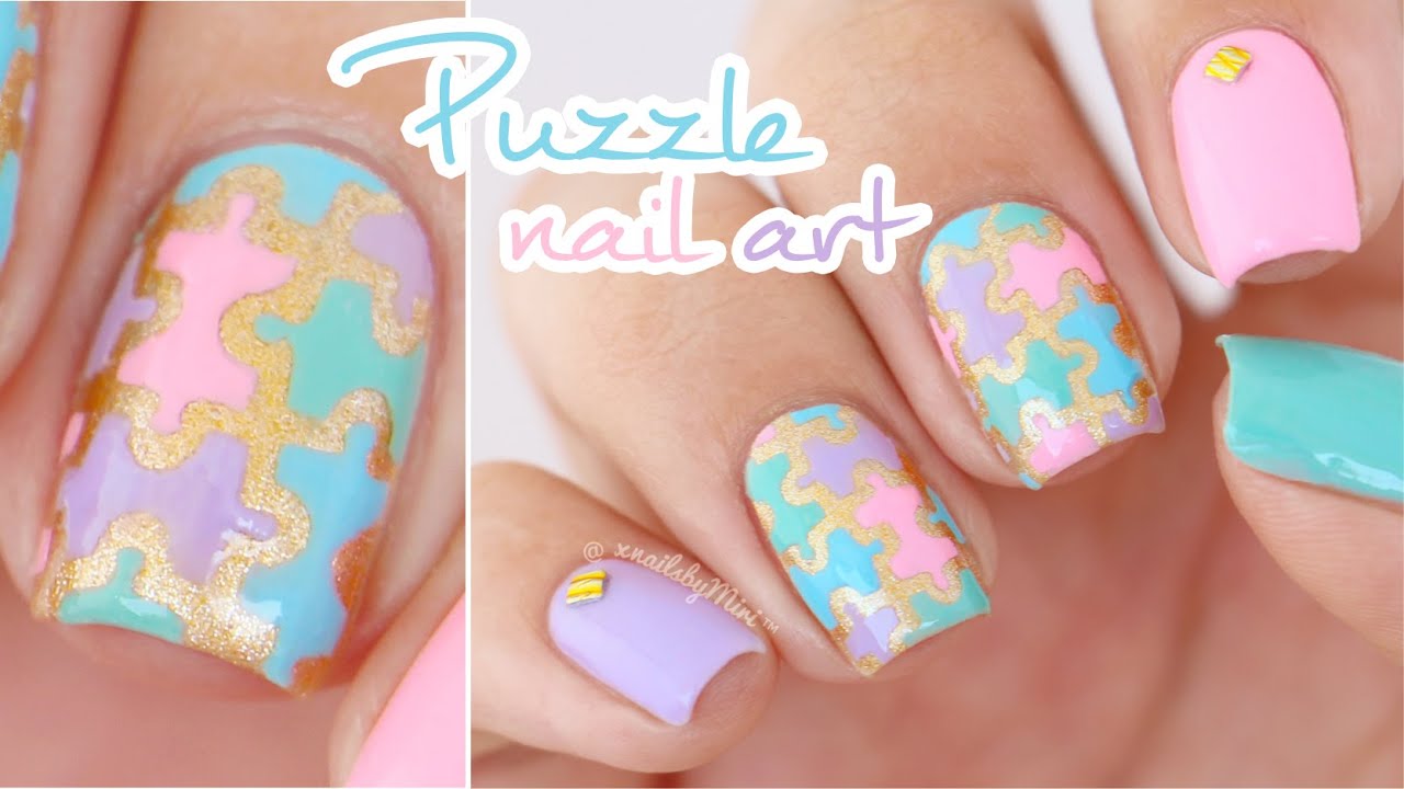 Colorful Puzzle Pieces Nail Art || using nail vinyls from PonchiNail