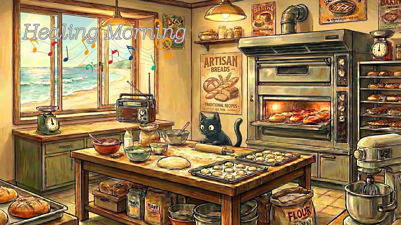 1950s Vintage Lofi Jazz: Relaxing Morning Bakery with Ocean Waves