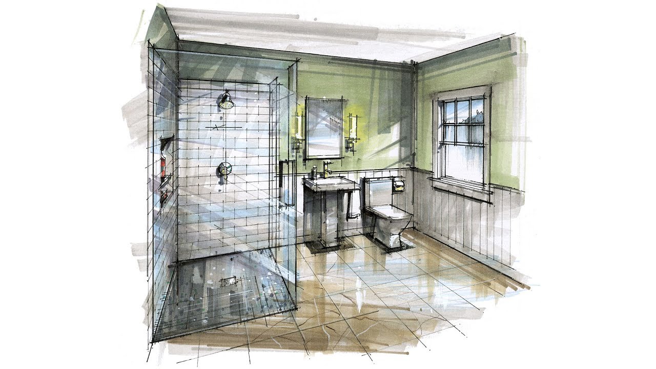 Hand Rendering, Interior, 190114B Green Wall Bath Room