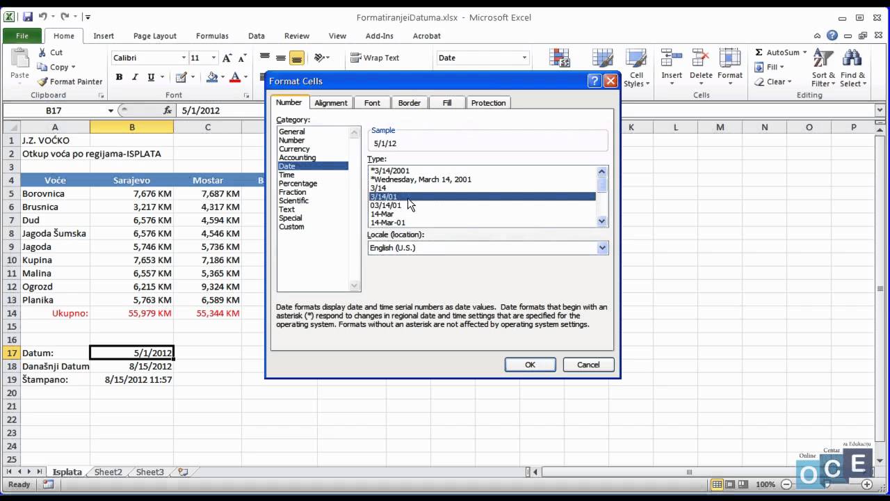 Kako formatirati datume u excelu (Excel 2010)