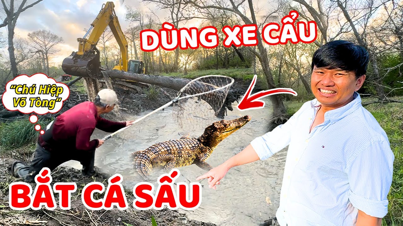 VƯƠNG PHẠM DÙNG XE CẨU BẮT CÁ SẤU ẨN NẤP DƯỚI HỒ NƯỚC