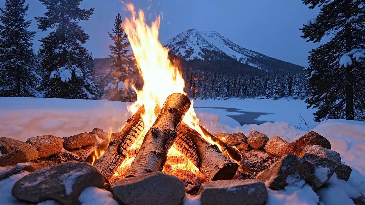 Log Fire In The Snow With Mountains In The Distance Relaxing Sleep Calming Meditation