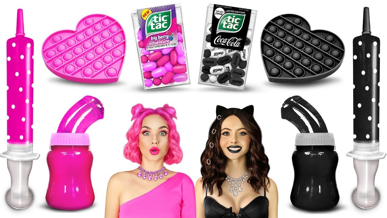 CHALLENGE: Cibo nero vs. cibo rosa| Mangiamo dolci di un solo colore per 24 ORE!| RATATA CHALLENGE
