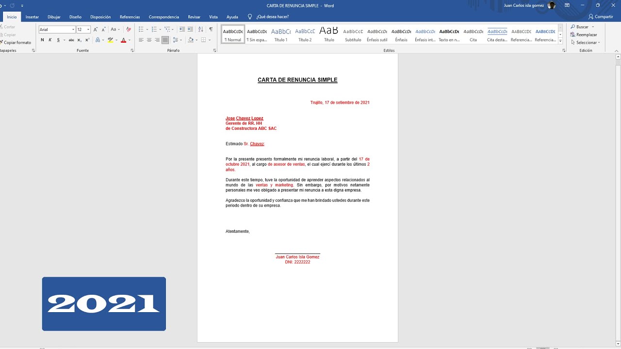 Como hacer una Carta de Renuncia Simple 2021