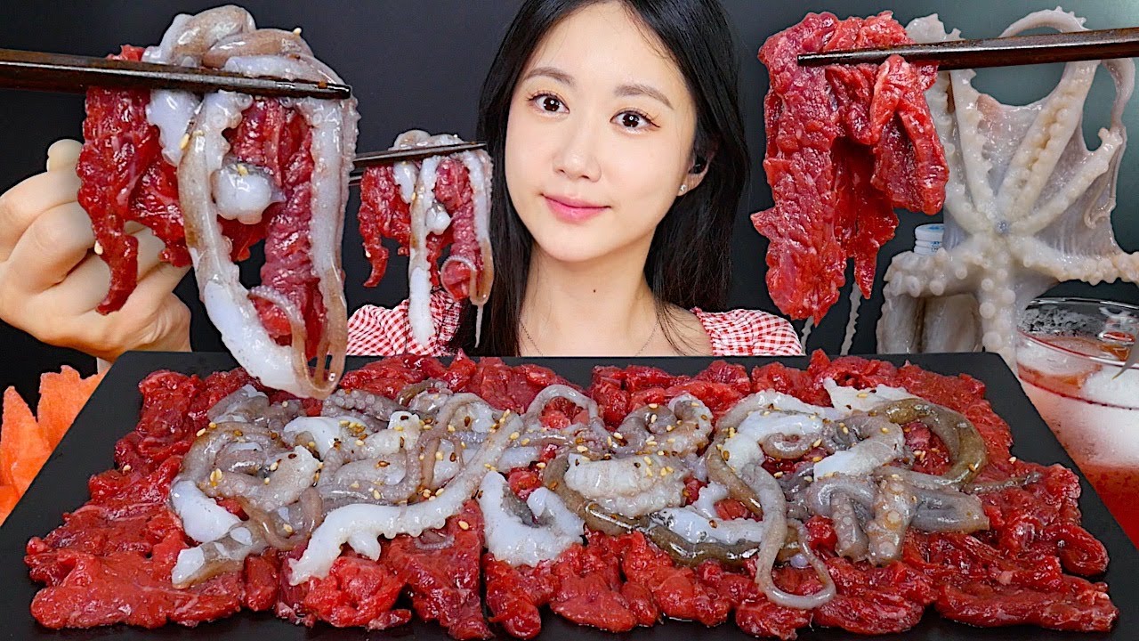 Сырой Осьминог + Сырая Говядина❤️🥰 Жевательный Сырой Осьминог🐙 | eating show | mukbang asmr