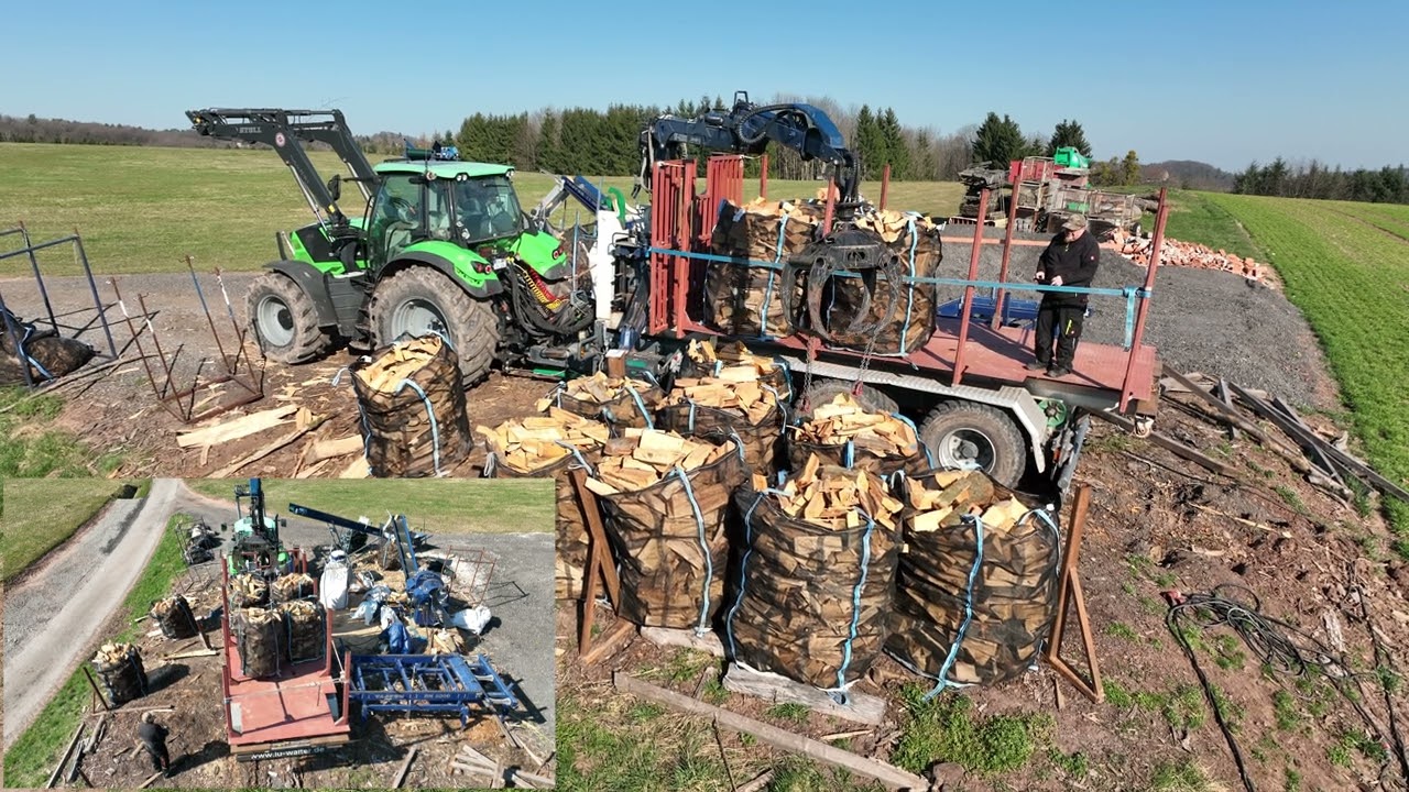 Big Bags voll mit Brennholz aufladen