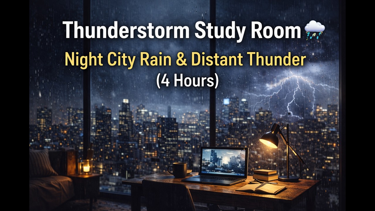 Thunderstorm Study Room ⛈️ Night City Rain & Distant Thunder 4 Hours