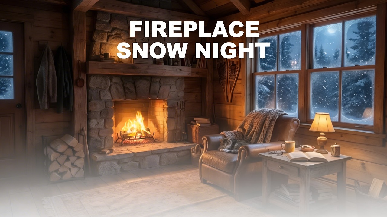 Cozy Winter Cabin Fireplace ❄️ Snow Falling Outside Window | Soft Piano Ambience