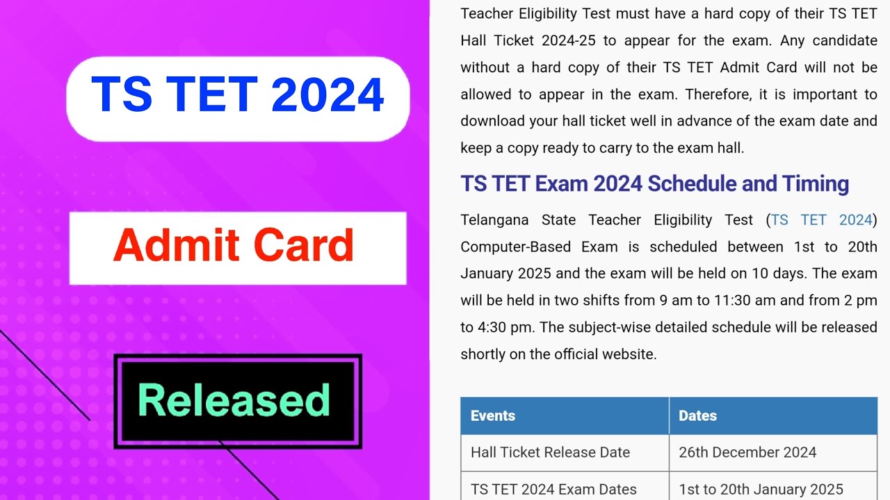 TS TET 2024 Admit Card Released | TS TET 2024 Admit Card Out | MDE
