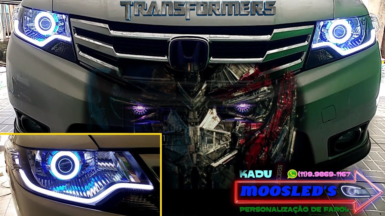 PROJETOR RETROFIT TRANSFORMERS NO FAROL HONDA CITY E BARRA DE LED 2009 2010 2011 2012 2013 2014