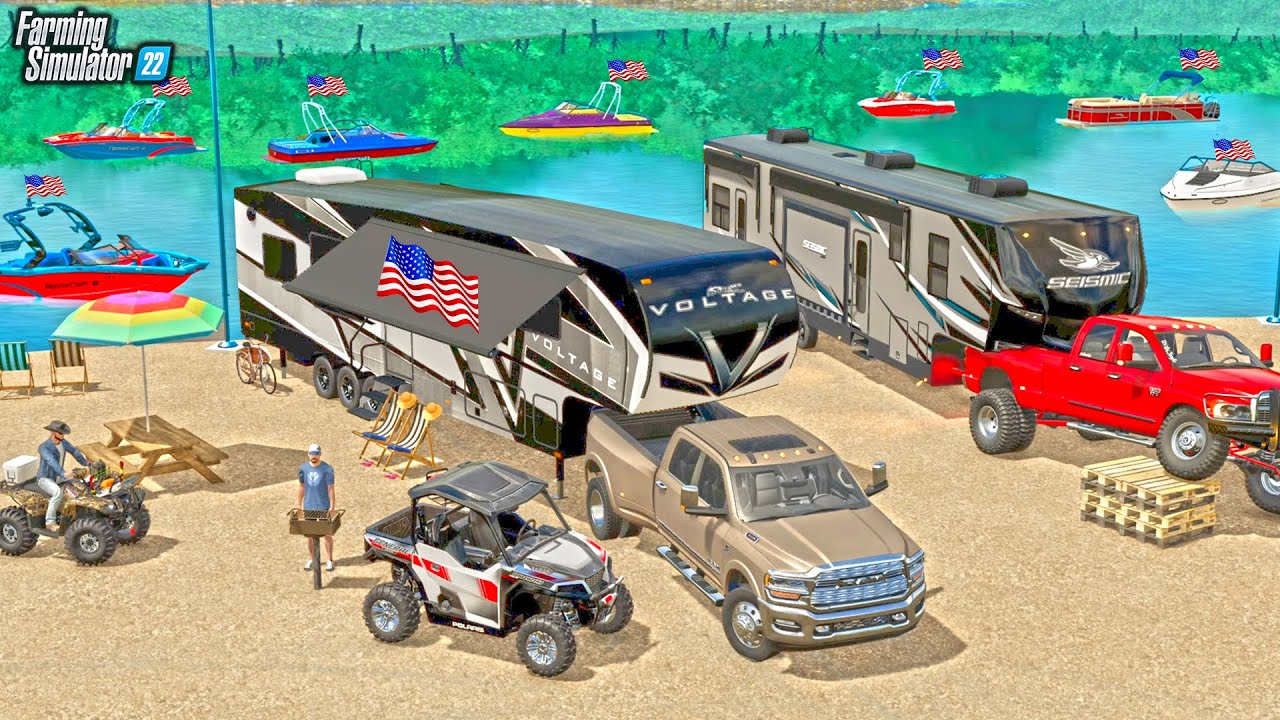 4TH OF JULY CAMPING & BOATING! WITH WAKE BOATS & JETSKIS! | FARMING SIMULATOR 22