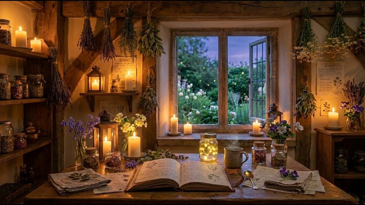 Cozy Witch Herb Room at Moonwillow Cottage 🌿 Crickets & Candlelight Ambience for Sleep
