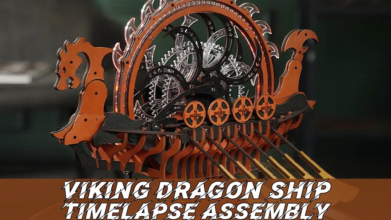 Mechanical Viking Dragon Ship Time-lapse Assembly | ROKR 3D wooden puzzles