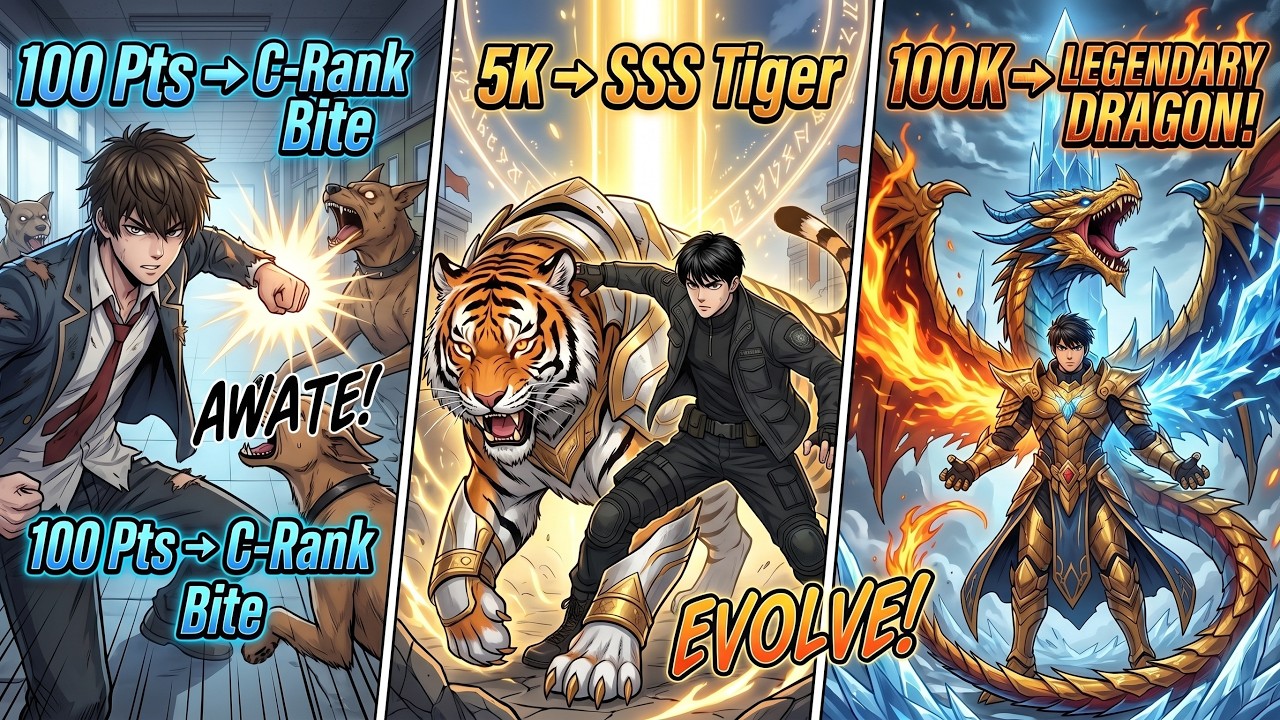 100 Pts &rarr; C-Rank Bite. 5K &rarr; SSS Tiger. 100K &rarr; LEGENDARY DRAGON!
