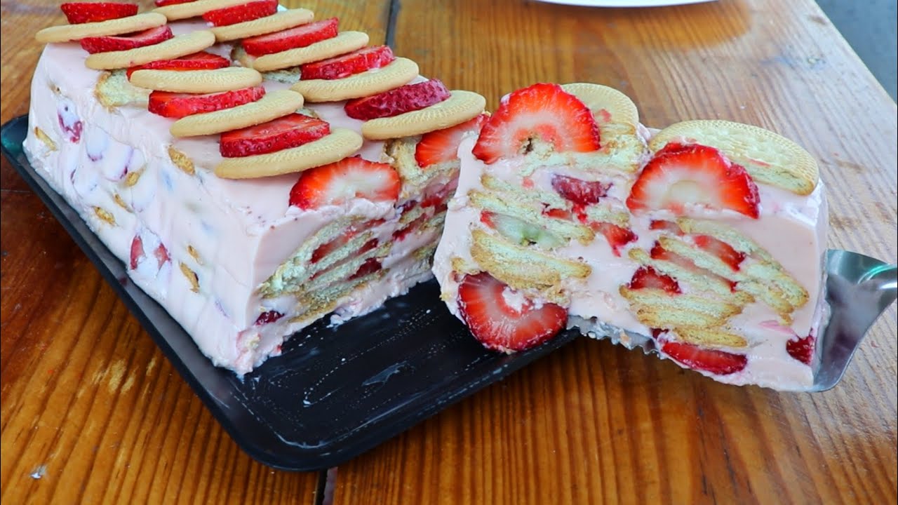 Tarta fría de yogurt de fresas con galletas 🍓 (MUY FÁCIL Y SIN HORNO)