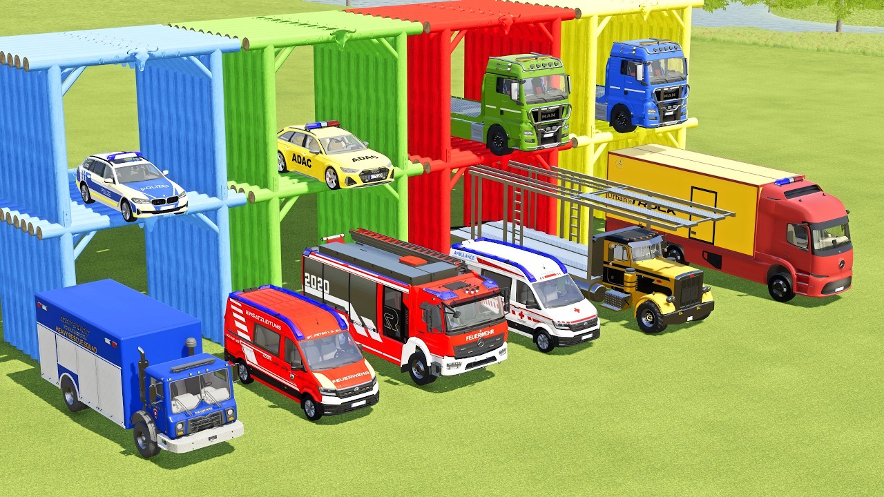 TRANSPORTING MERCEDES MINI BUS, VOLKSWAGEN POLICE, FORD POLICE, MERCEDES FIRE TRUCK TO GARAGE | FS22