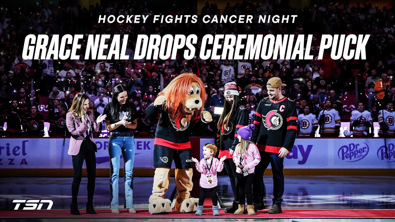 Three-year-old Grace Neal drops the puck on Sens' Hockey Fights Cancer Night
