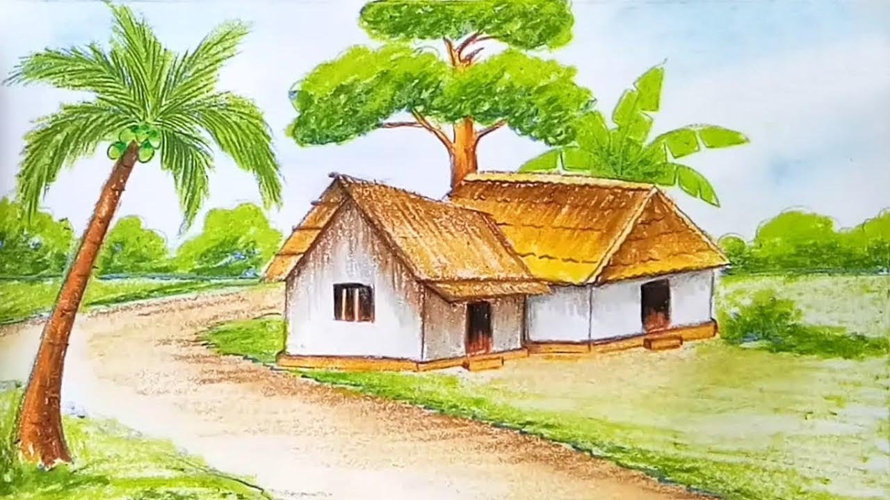 How to draw village scenery step by step with oil pastels