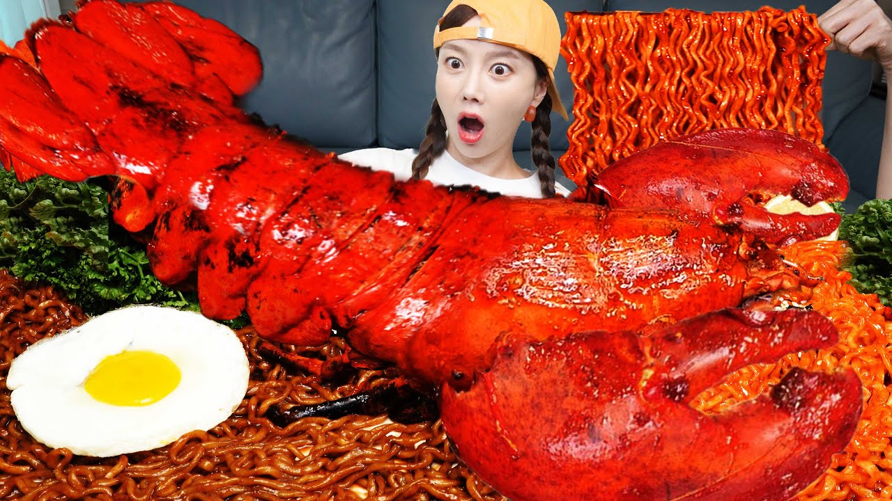 [Mukbang ASMR] Giant LOBSTER 🦞 SPICY Korean Fire Noodles & Jjajang Ramen Seafood Recipe Ssoyoung