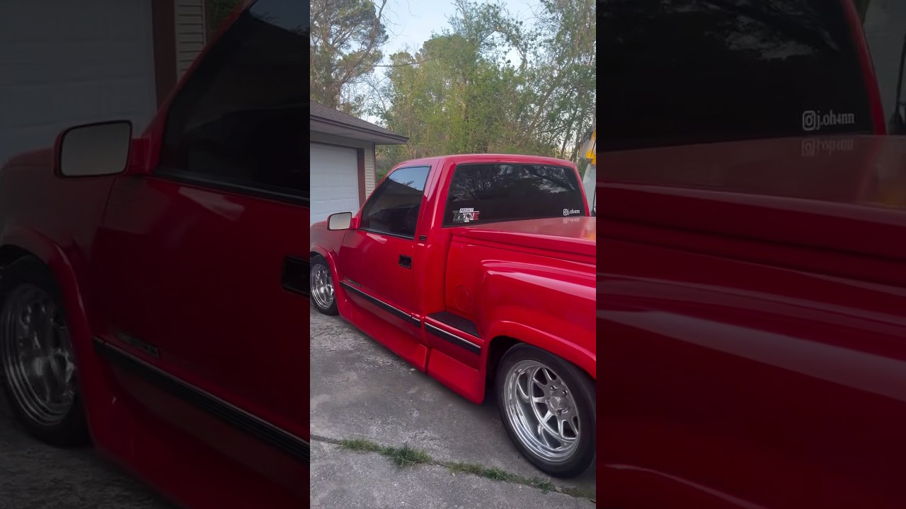 Red OBS GMC Sierra 90s Body Kit Style #obschevy #obs #gmc #gmcsierra #bodykit #droppedtrucks #chevg