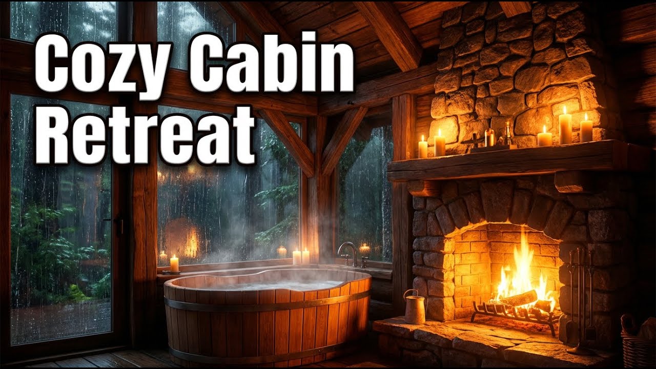 Rainy Night in a Cozy Cabin Retreat:  Fireplace, Whirlpool & Rain Sounds for Deep Sleep