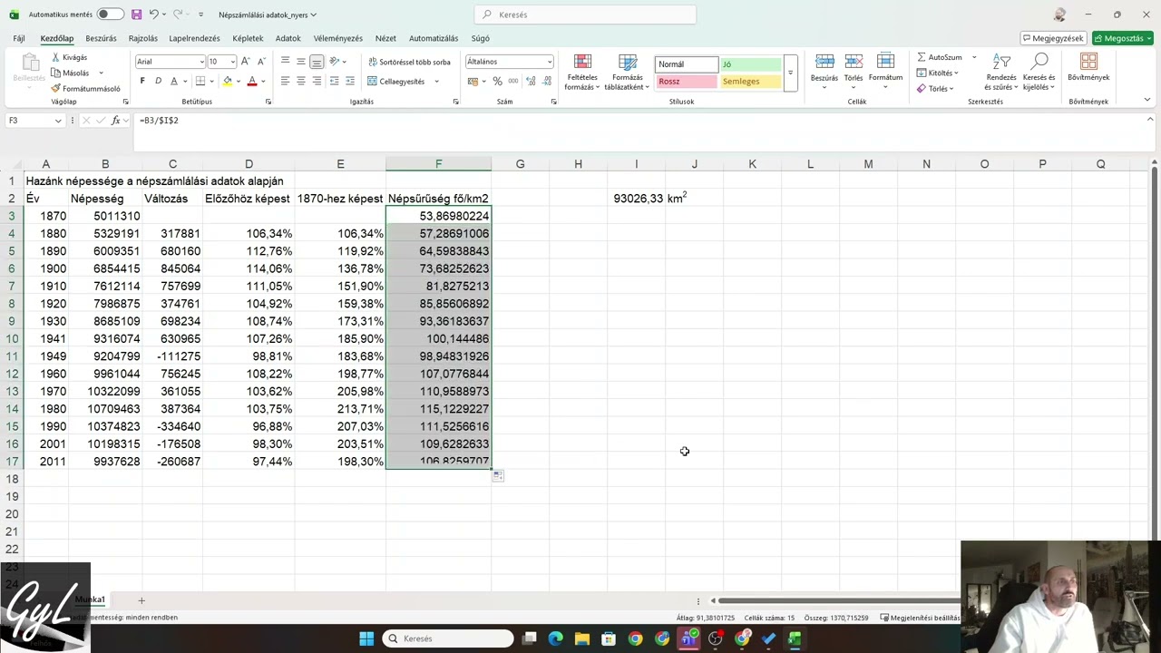 MS Excel | Táblázatkezelés | Népszámlálási adatok    | 8. osztály