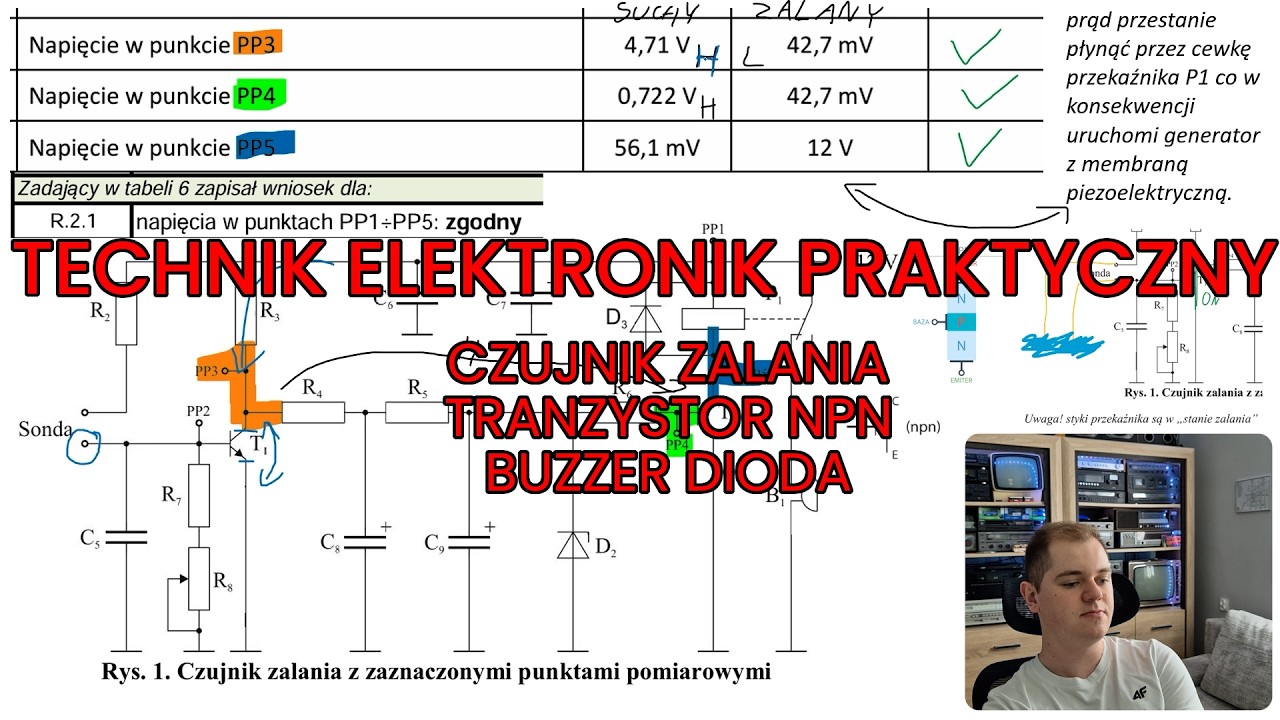 TECHNIK ELEKTRONIK EGZAMIN PRAKTYCZNY ELM - czujnik zalania tranzystor NPN przekaźnik buzzer st2019