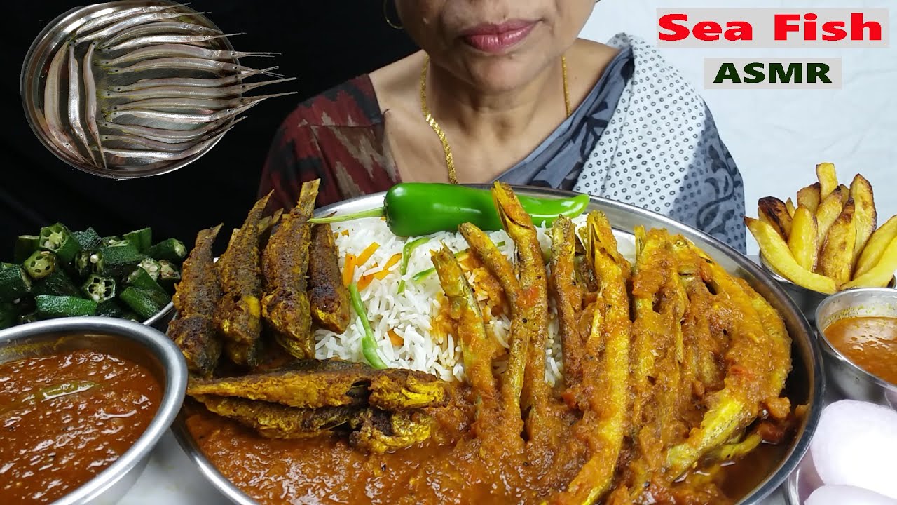 Asmr Sea Fish Masala curry and Tandoori Masala Fish Eating With Fried Rice and French Fries