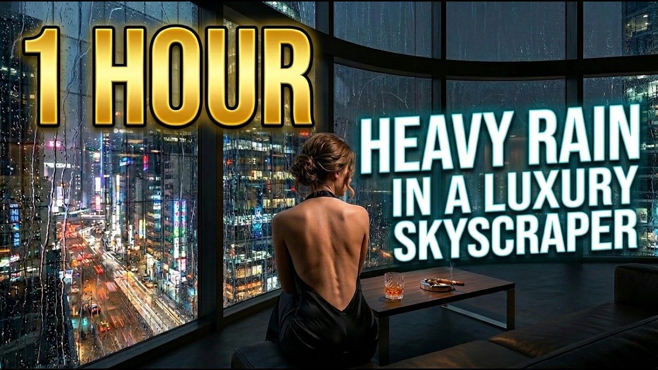 1 HOUR Heavy Rain in a Luxury Skyscraper 🌧️🏙️ City Night Ambience for Sleep & Study
