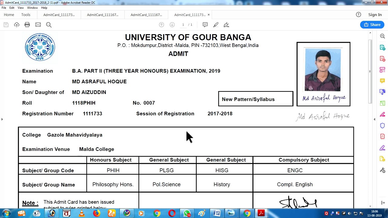 University of Gour Banga  Admit Card download for Part-I and Part-II 2019-2020