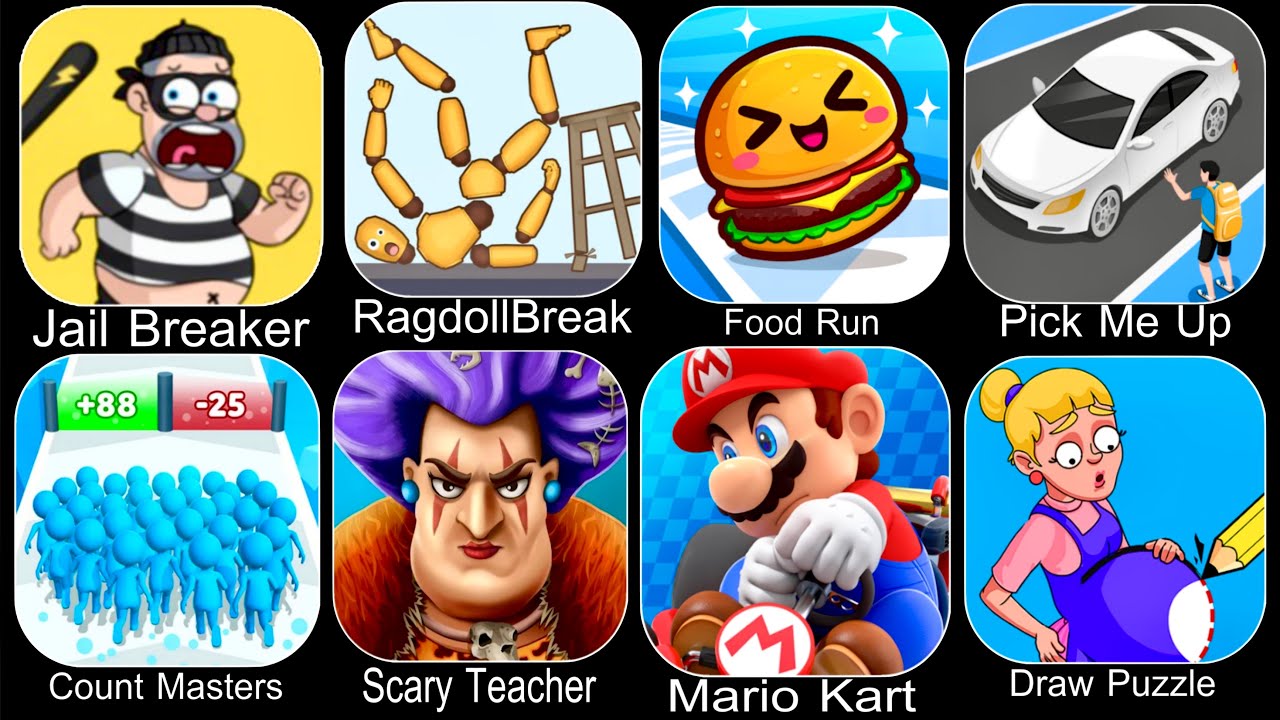 Jail Breaker,Ragdoll Break,Food Run,Pick Me Up,Count Masters,Scary Teacher,Mario Kart,Draw Puzzle