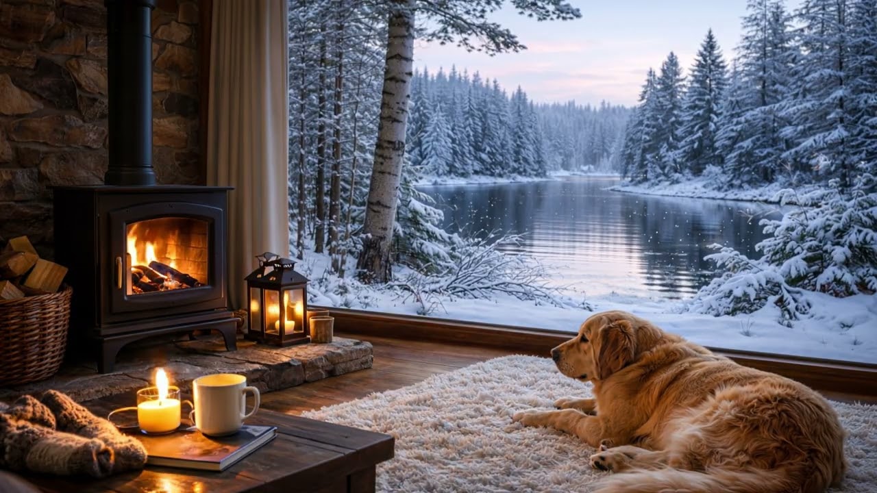 🎶🐕 Relaxing Music by the Lakeside Stove | Cozy Winter Morning Cabin ☕🔥