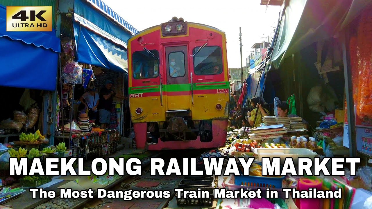 [4K] Maeklong Railway Market Walking Tour | The Most Dangerous Train Market | Thailand (April 2023)