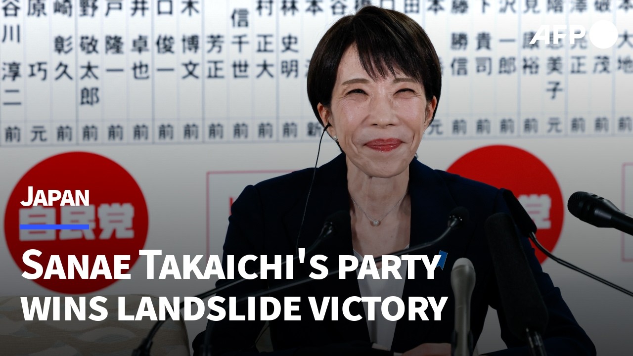 Japan's general election: Prime Minister Takaichi arrives on stage at party headquarters | AFP