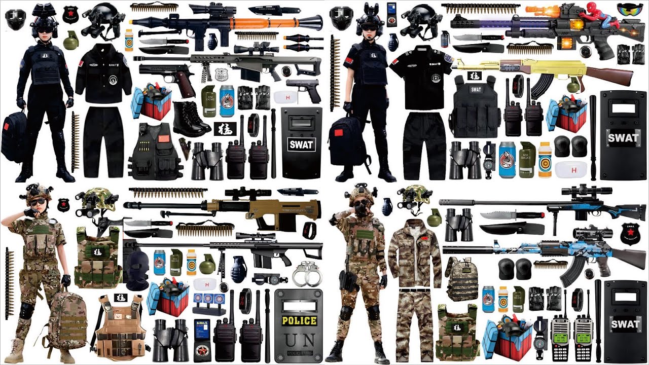 Open Box Toy Gun Collection, MP5 Submachine Gun, AK47 Assault Rifle, Glock Pistol, Police Set Toys