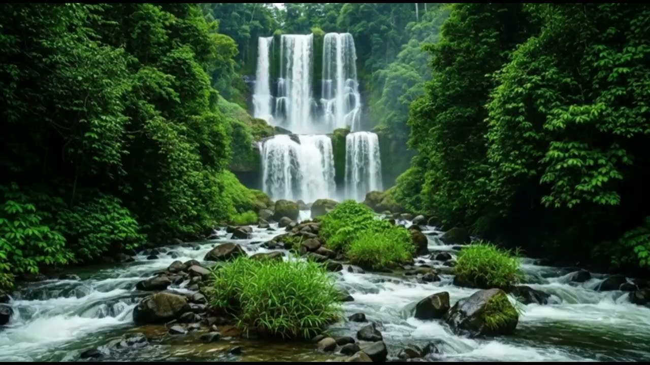 The beauty of the waterfall from the mountain is natural and beautiful stress relaxing music