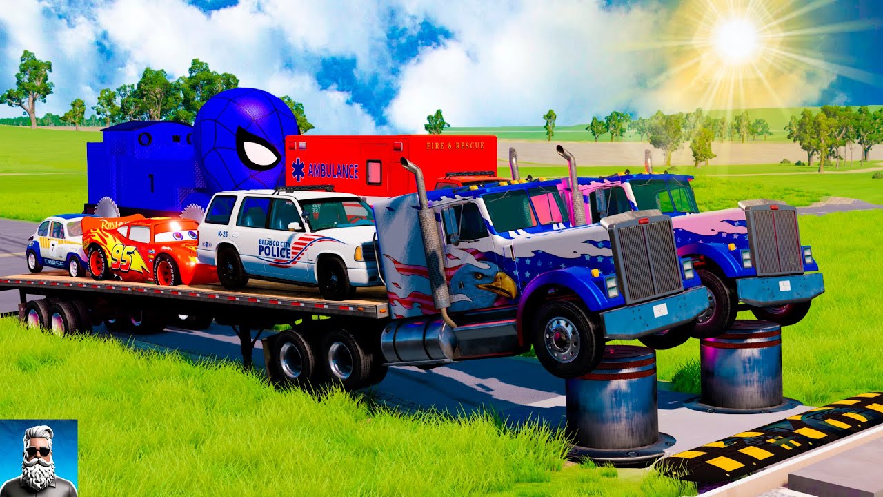 Double Flatbed🚦Trailer Truck vs Speedbumps Train vs Super Hero Cars - Beam.NG Drive #1