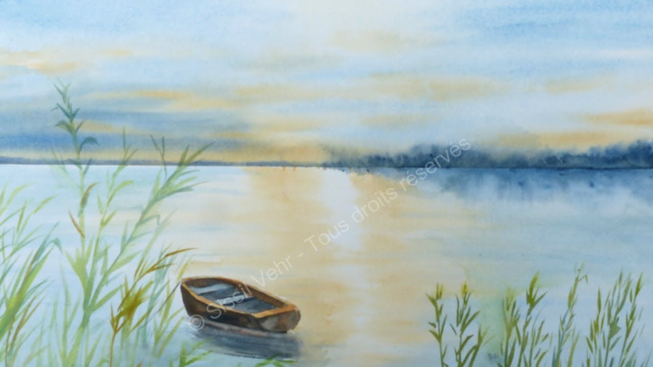 Aquarelle : Barque dans les roseaux